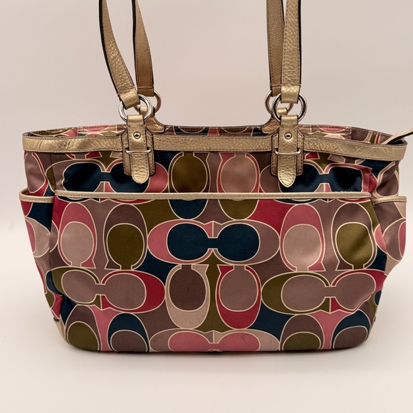 Coach Signature Multi-Color Satin Tote Bag with Metallic Gold Trim Shoulder Bag - Picture 6 of 16
